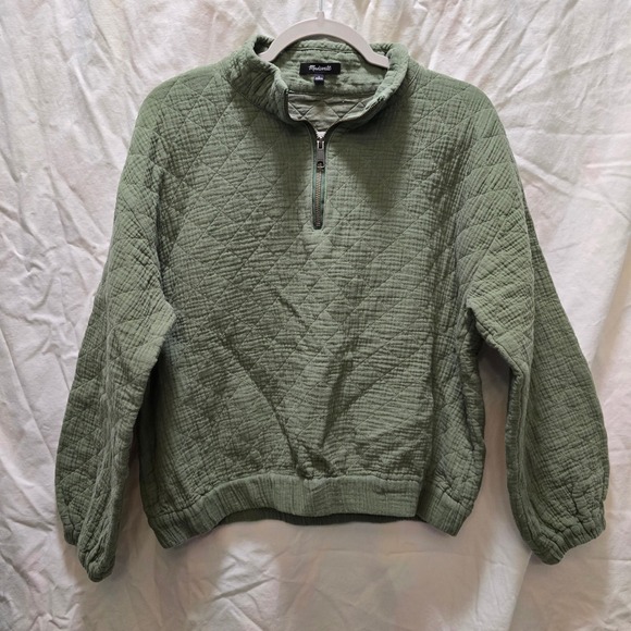 Madewell Quilted Pullover Top Olive Green Half Zip Mock Neck Women's Large - Picture 1 of 11